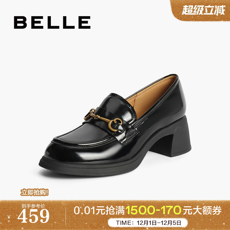 百丽女鞋子英伦通勤单鞋黑色小皮鞋马衔扣粗高跟乐福鞋3A625CA4