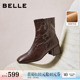 显瘦粗高跟防滑短靴子F2Q1DDZ5 新款 百丽超软羊皮加绒时装 靴冬季