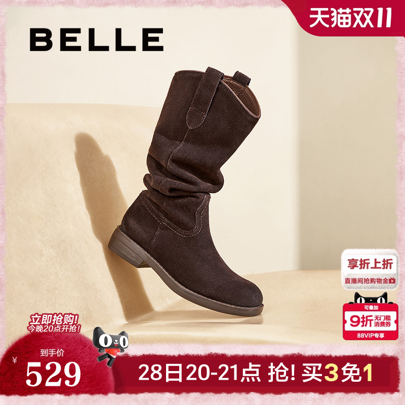 百丽西部牛仔靴女靴子新款长筒靴冬季堆堆靴高长靴D2L1DDG4