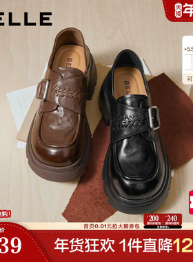 百丽复古厚底踩脚跟乐福JK鞋女春新款真皮黑色小皮鞋单鞋F2M1DA预