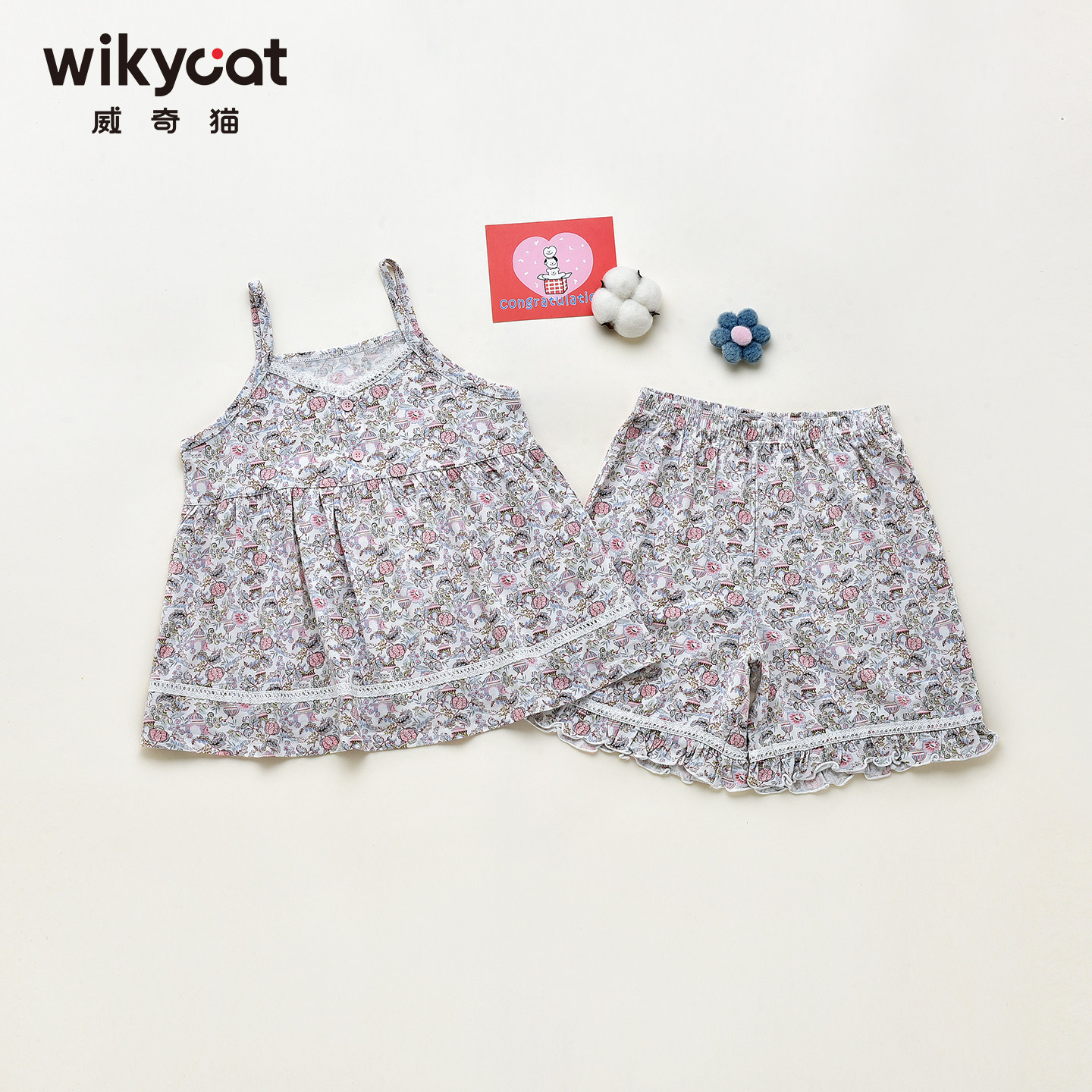 26新品威奇猫女童兰精莫代尔薄款吊带家居服套装亲子装花坊图片