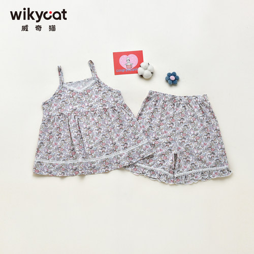 26新品威奇猫女童兰精莫代尔薄款吊带家居服套装亲子装花坊