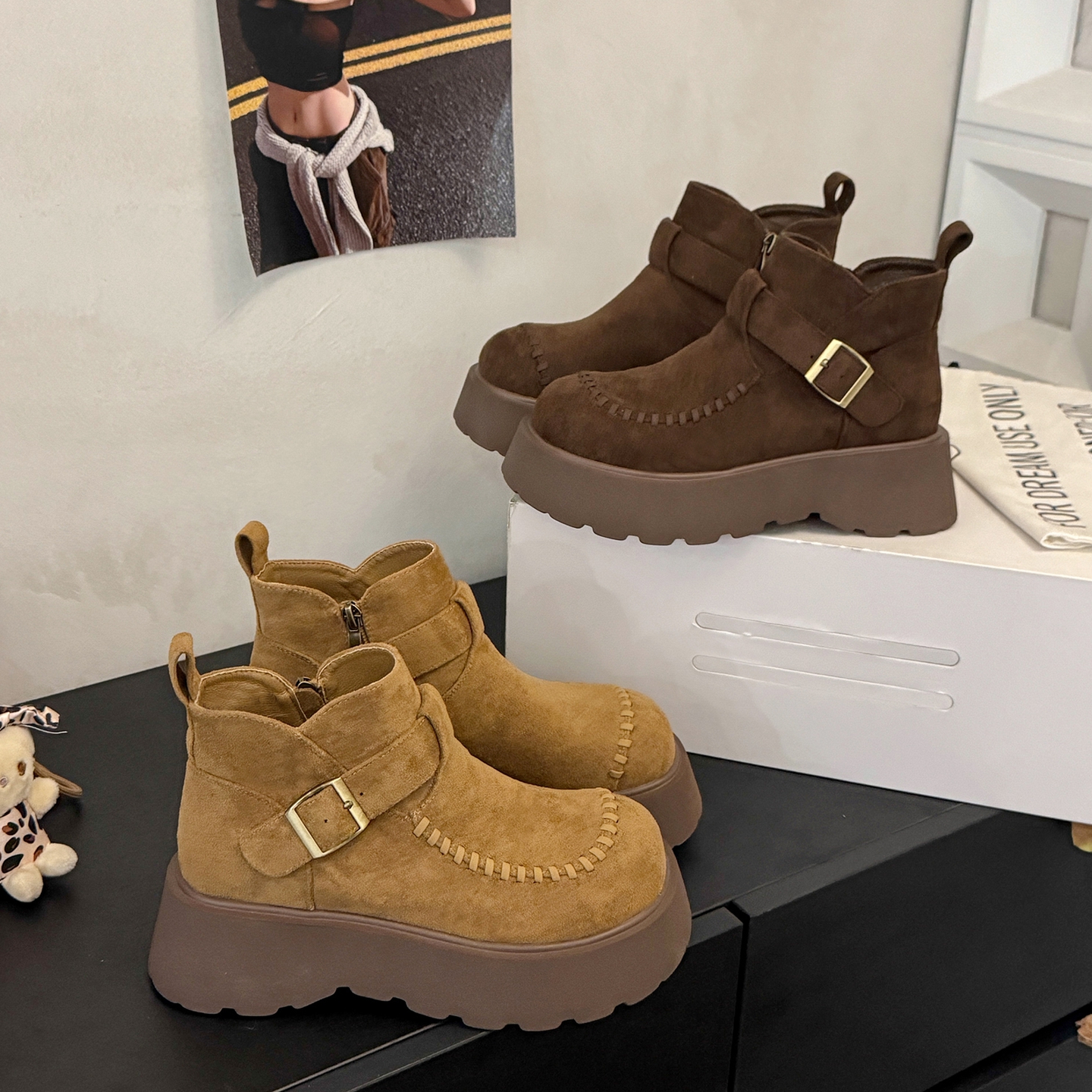 【松果编织】厚底马丁靴女袋鼠鞋