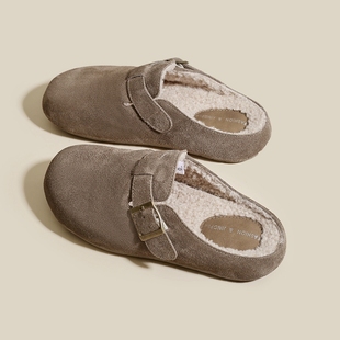 保暖毛毛鞋 新款 一脚蹬包头棉拖 女外穿2025冬季 厚底加绒勃肯半拖鞋