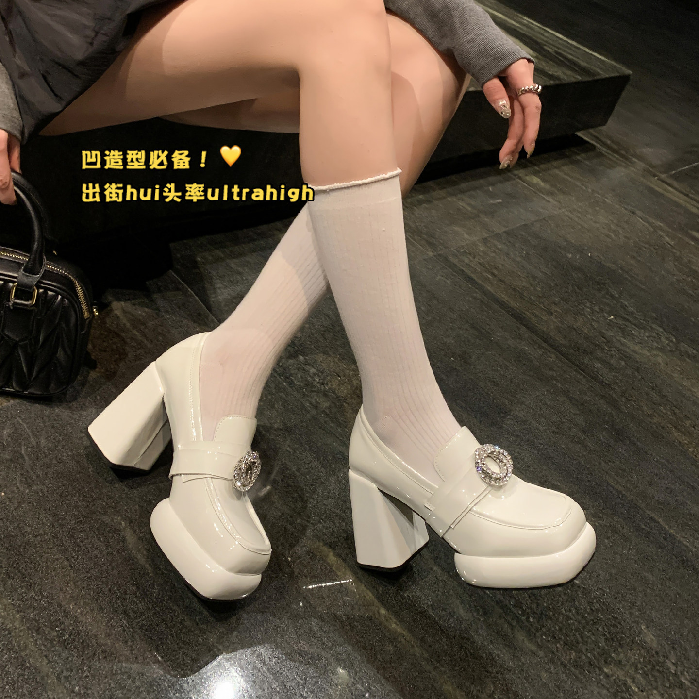 2026早春新款真皮粗跟单鞋女小个子防水台厚底一脚蹬深口高跟鞋潮,女鞋,深口单鞋,淘宝优惠券,粉丝福利购,淘宝优惠卷