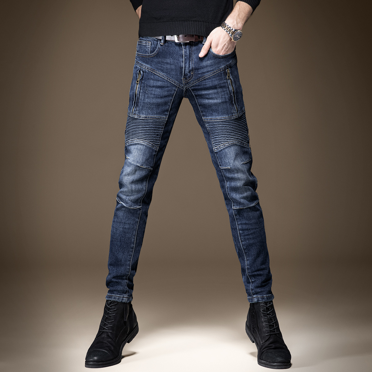 秋季高端机车潮牌黑色拉链螺纹男士牛仔裤修身小脚休闲拼接裤子男