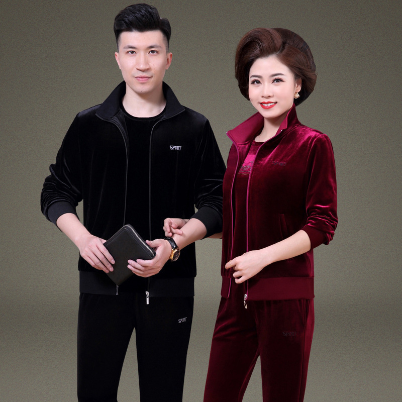 中老年情侣运动套装男春秋运动服女休闲金丝绒秋装中年妈妈爸爸装