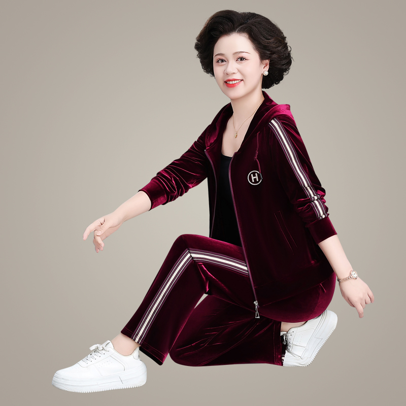 中年妈妈金丝绒运动套装女秋季洋气高贵外套40岁50中老年短款上衣
