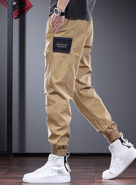 夏季薄款休闲裤男时尚拼接束脚裤土黄色透气青年工装裤子潮流百搭