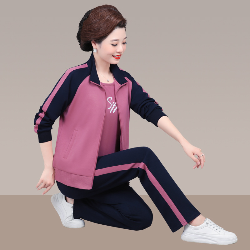 中老年妈妈春秋款休闲运动服套装洋气新款中年女士秋装外套三件套