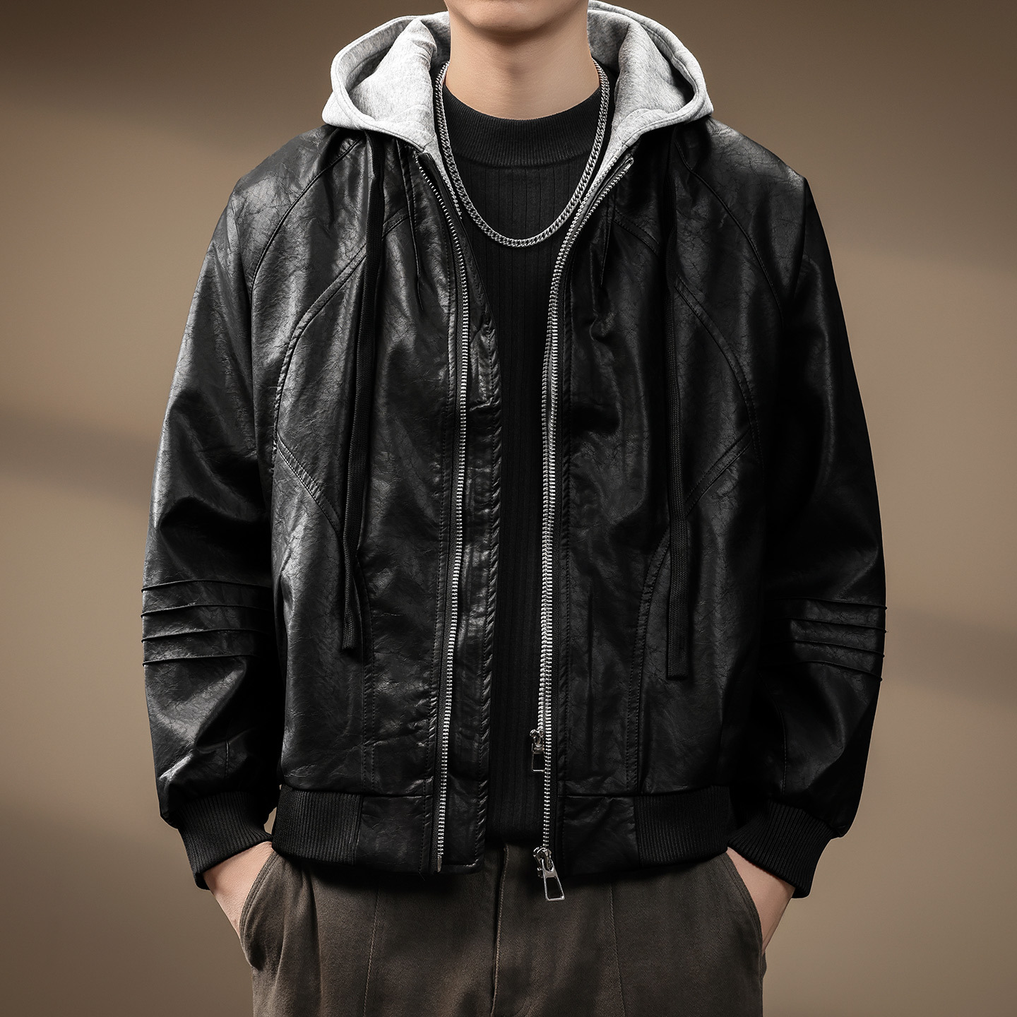 高端假两件PU皮衣男外套