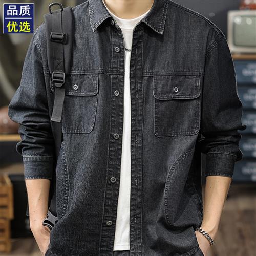 原浆丹宁水洗覆古牛仔衬衫男2025秋季新款潮流痞帅工装衬衣外套潮