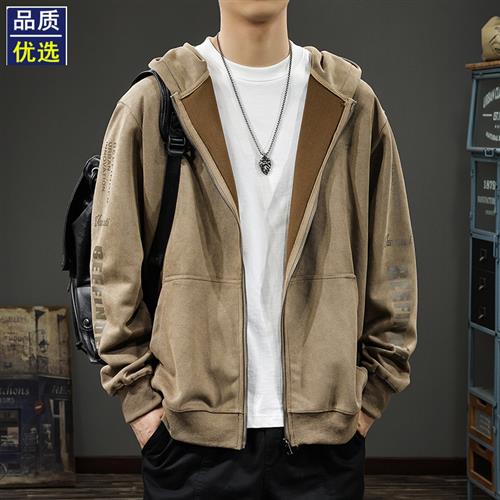 春季重磅麂皮绒连帽开衫卫衣男美式复古春秋新款宽松运动休闲外套