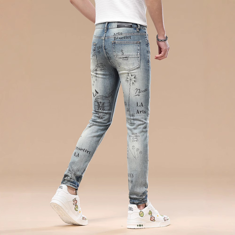 高端印花弹力修身牛仔男裤