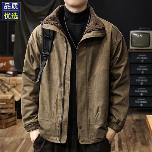 美式复古羊羔绒立领外套男2025冬季新款加绒保暖工装夹克男士棉服