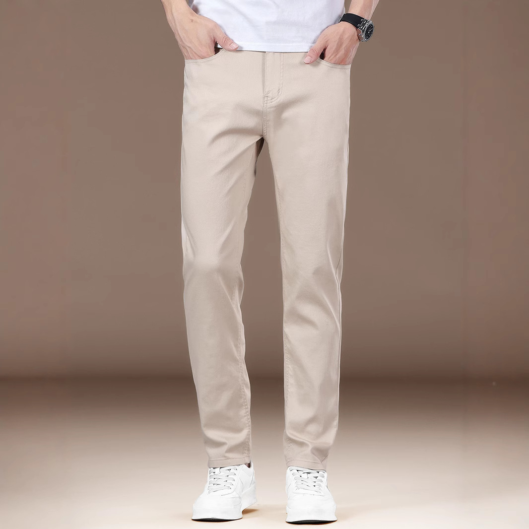 高端卡其直筒弹力男牛仔裤