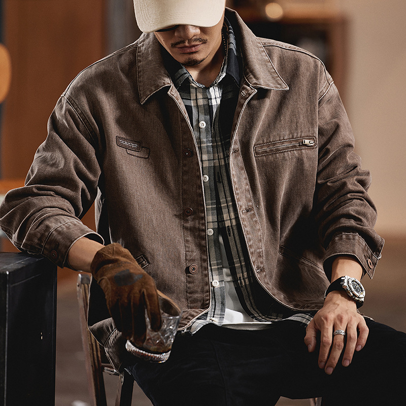美式复古棕男夹克2024新款