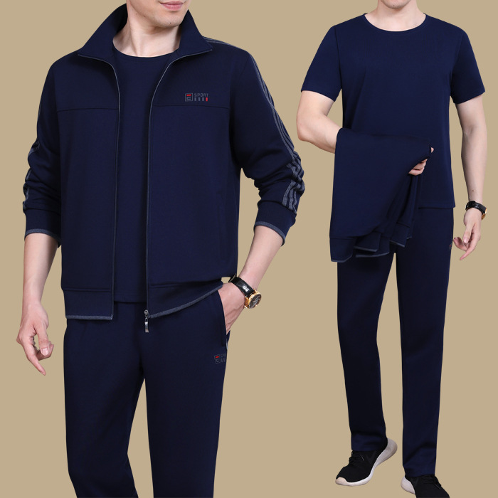中年男士春秋季运动套装三件套爸爸运动服中老年休闲男装宽松秋装