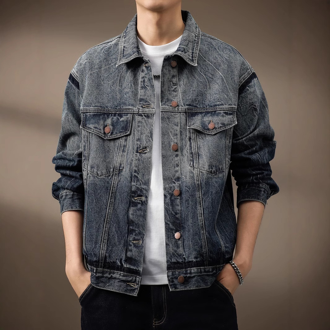 美式重磅渐变扎花牛仔外套男