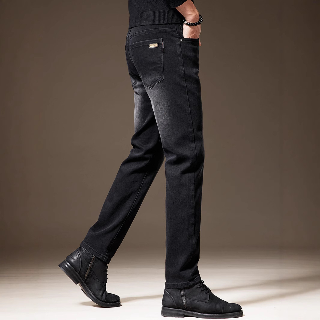 高端韩版商务牛仔裤男修身直筒秋冬加绒弹力百搭复古休闲长裤子男