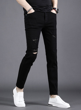 纯黑色破洞九分牛仔裤男春夏季2024新款修身小脚裤男士裤子9分裤