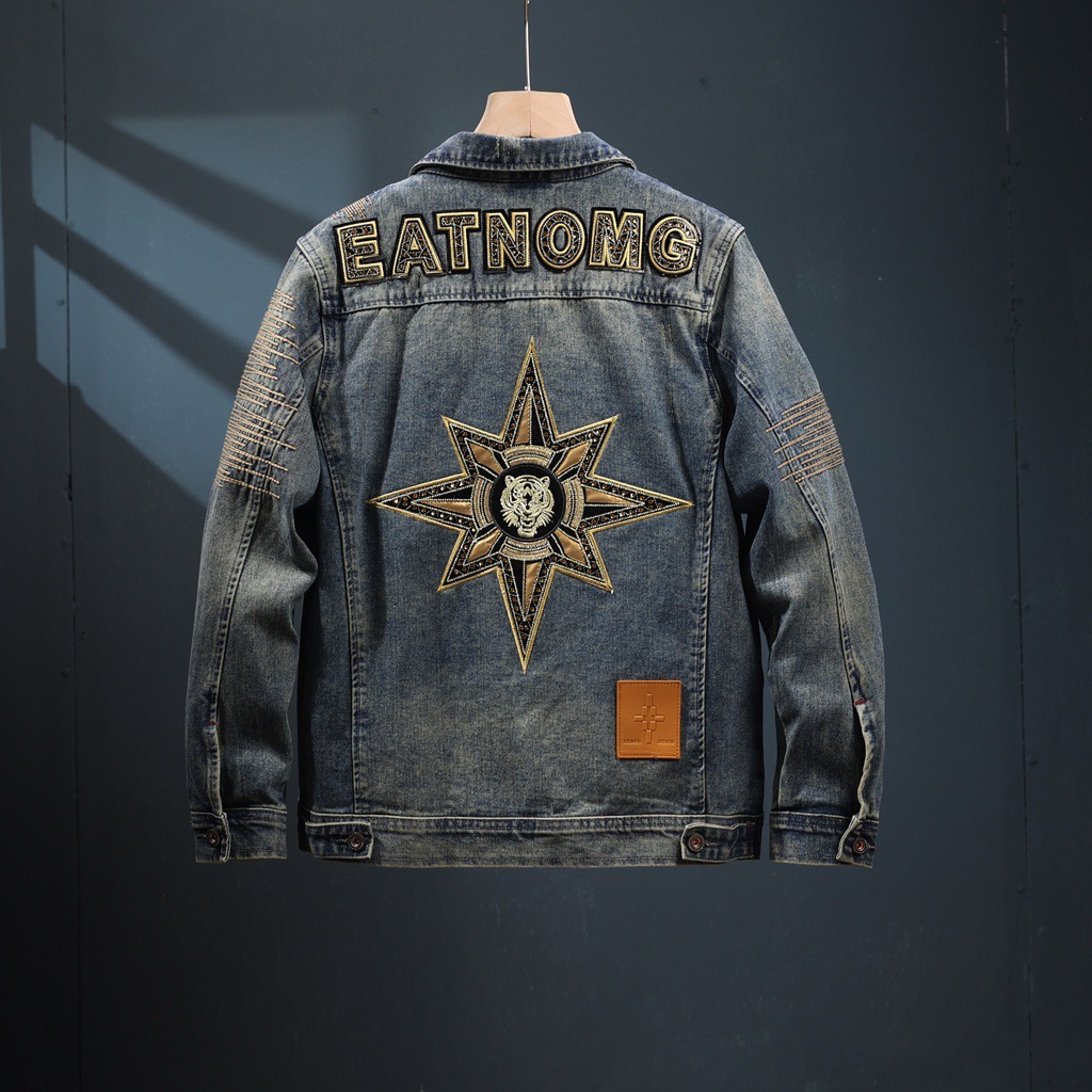 男士秋冬美式复古牛仔外套男水洗高街痞帅机车夹克星星刺绣外套潮
