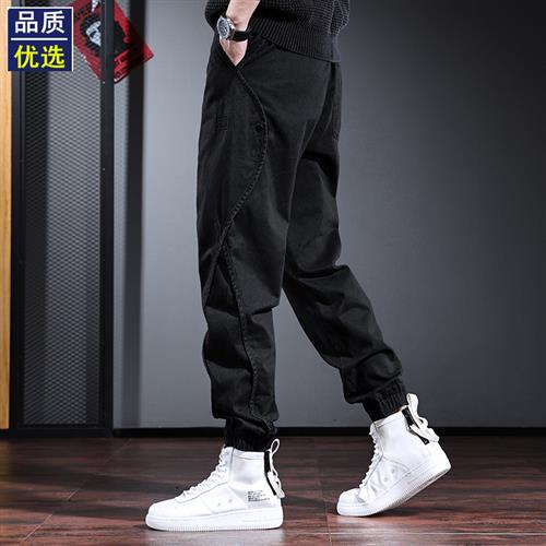秋季工装裤子男潮牌宽松休闲裤纯棉黑色痞帅美式设计感加绒男裤厚