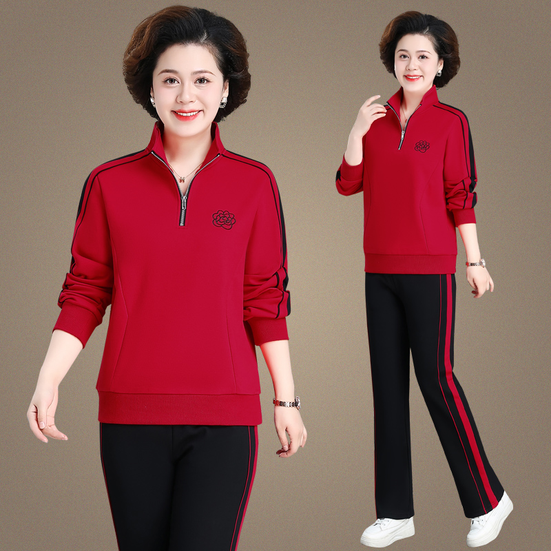 中老年运动服套装女春秋新款中年妈妈休闲卫衣两件套大码宽松上衣
