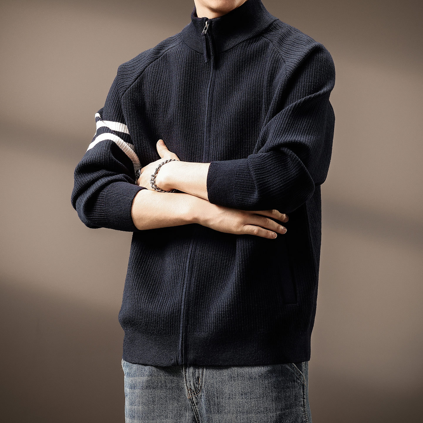 高端美式三条杠针织开衫男