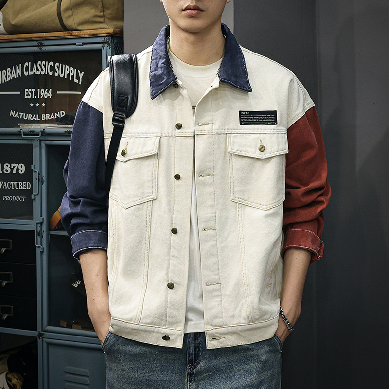 复古拼接撞色牛仔夹克男外套
