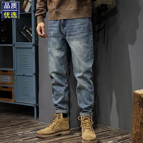 潮牌重磅水洗做旧牛仔裤男2025春秋加绒美式休闲宽松大码微锥长裤