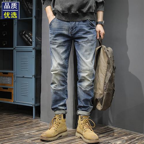高端美式复古水洗做旧男士牛仔裤春季潮流痞帅机车修身直筒小脚裤