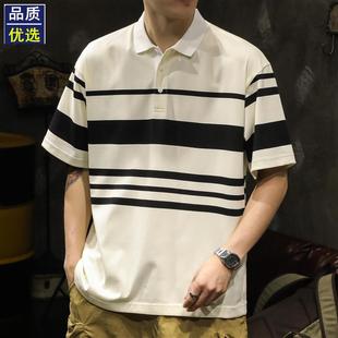 潮牌宽松翻领短袖 高端男士 条纹轻熟圆领上衣美式 POLO衫 t恤男 夏季