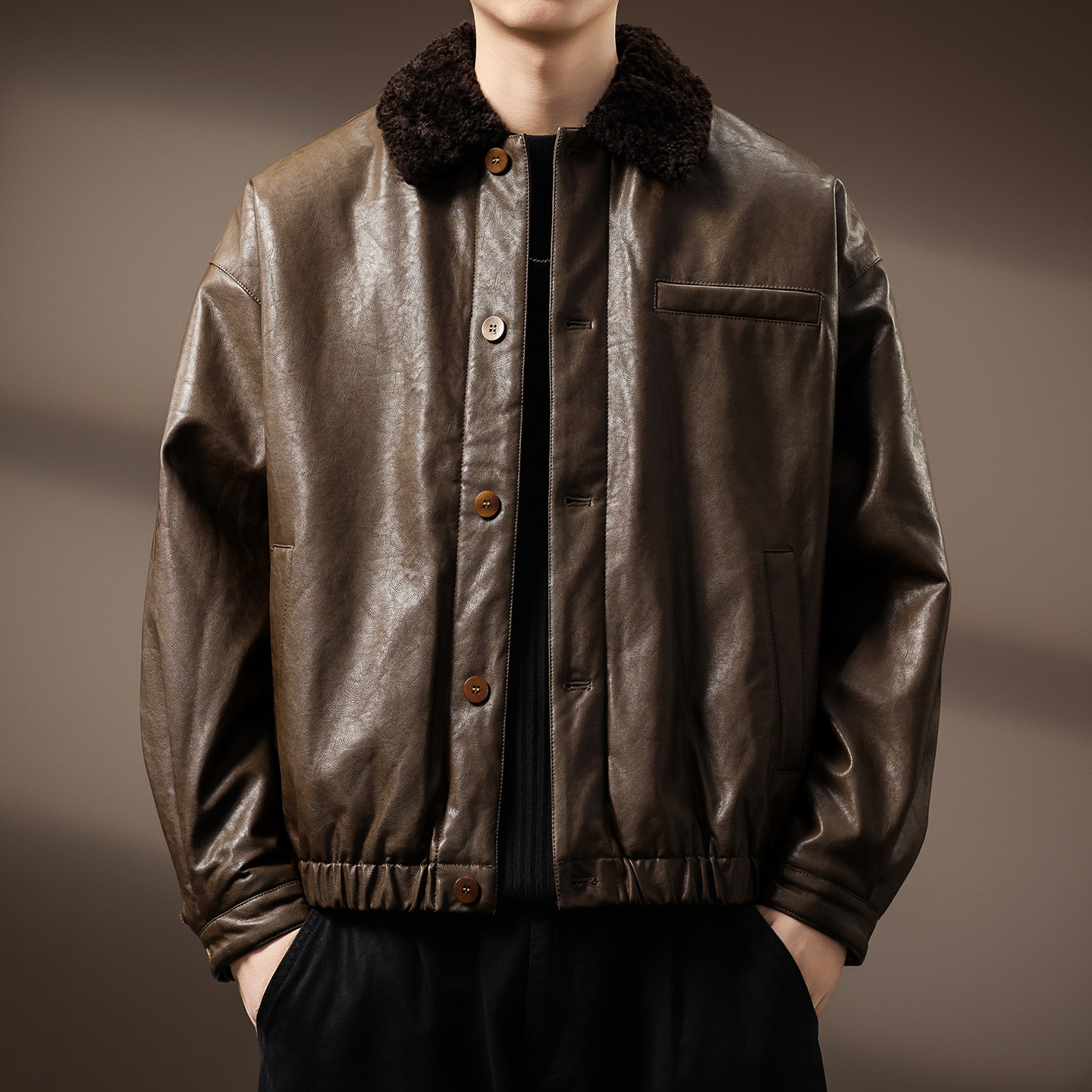 高端植鞣皮加厚男派克棉服