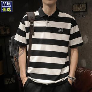polo衫 2025夏季 黑白条纹短袖 男士 t恤 高品质纯棉宽松潮牌男装 半袖