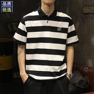 黑白条纹翻领纯棉短袖 2025新款 美式 T恤男夏季 衣服 男生POLO衫 男装