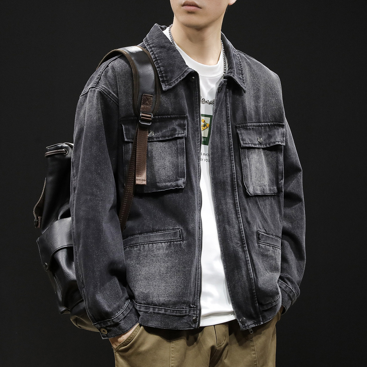 2025新款牛仔外套男春秋季黑色高级感多口袋潮牌大码男士工装夹克