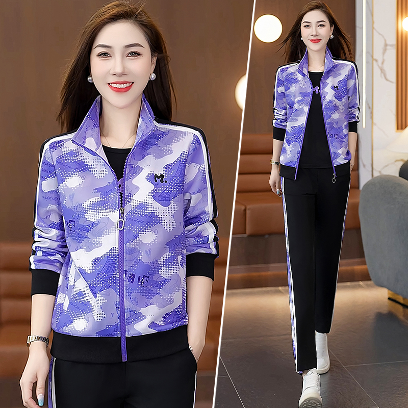 休闲运动套装女春秋时尚印花水墨画入秋穿搭洋气立领跑步服三件套