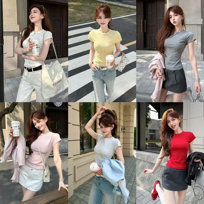 卡卡女装官方正品韩版小圆领纯色短袖修身百搭弹力T恤上衣早春款