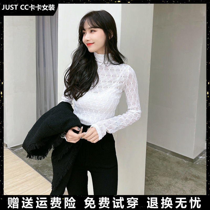 半高领菱格蕾丝打底衫女网红女装