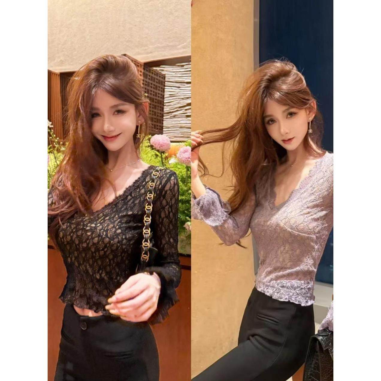卡卡女装【南韩钓系】超欲性感蕾丝高级感弹力收腰气质打底衫上衣