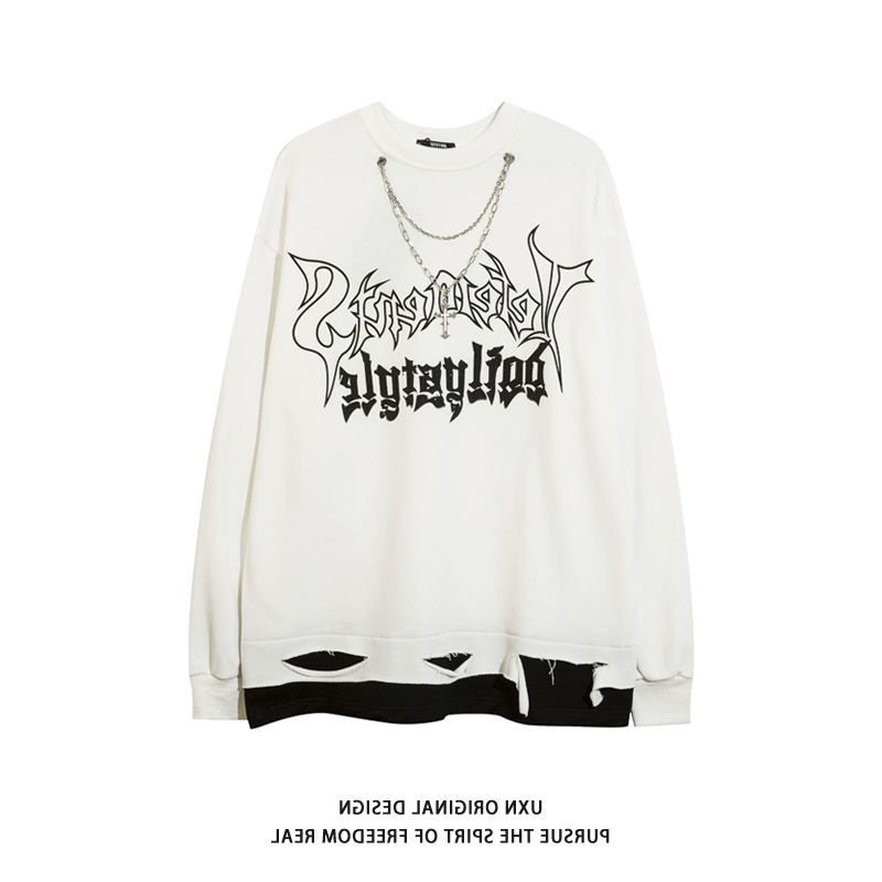 Extra Large Size 150kg Trendy Graffiti Holes Fake Two-Piece Long sleeves T-Shirt Men's Spring and Autum Loose Easiest for match Casual Sweatshirt