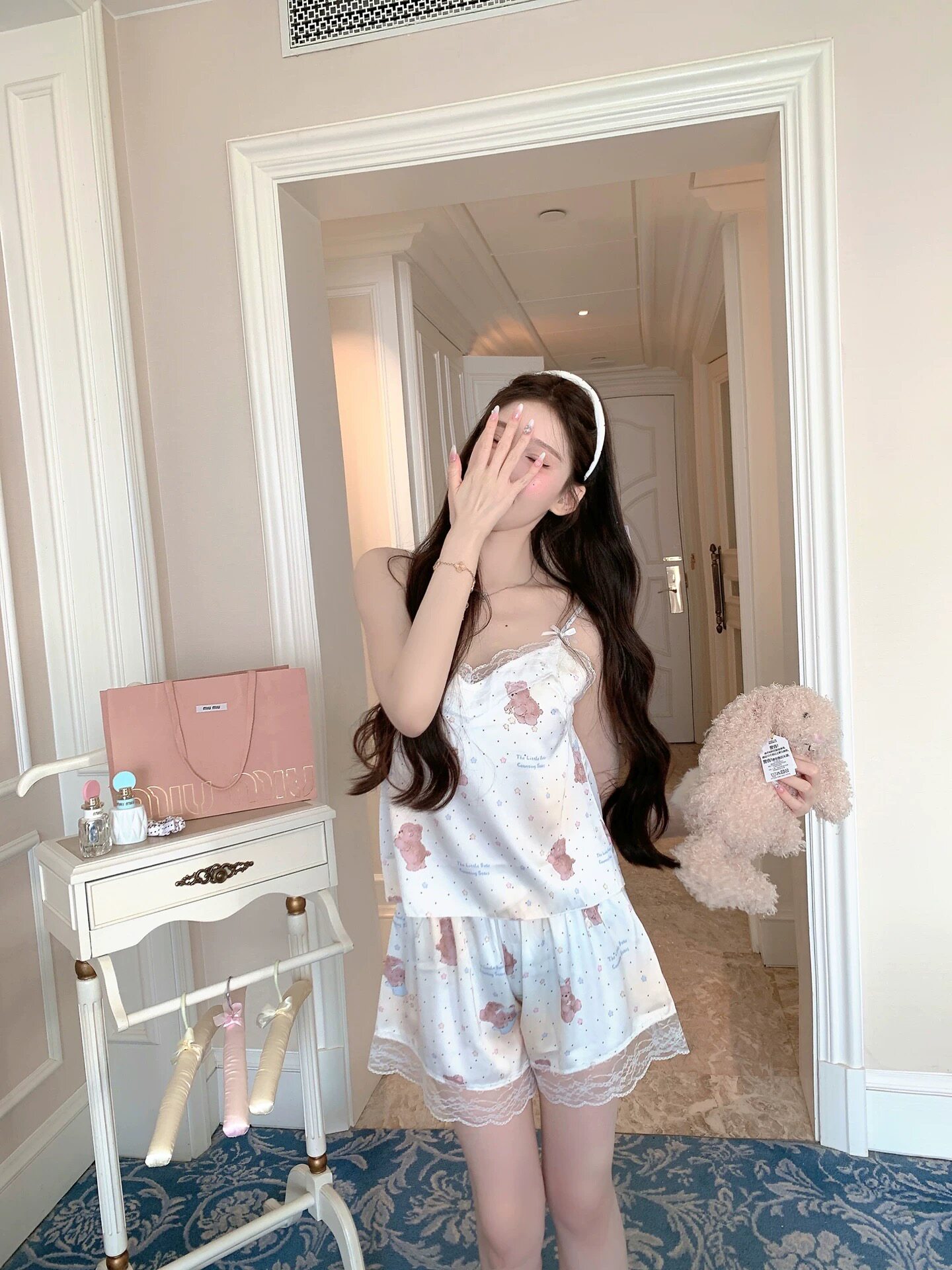 夏季冰丝吊带短裤牛奶小熊睡衣