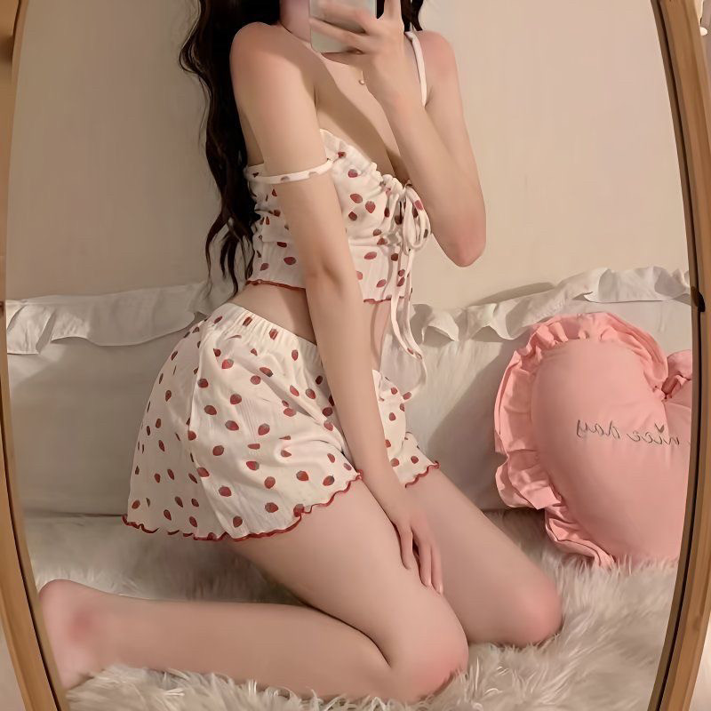 2023甜美草莓蝴蝶结吊带分体睡衣女吊带套装夏纯欲露脐家居服套装