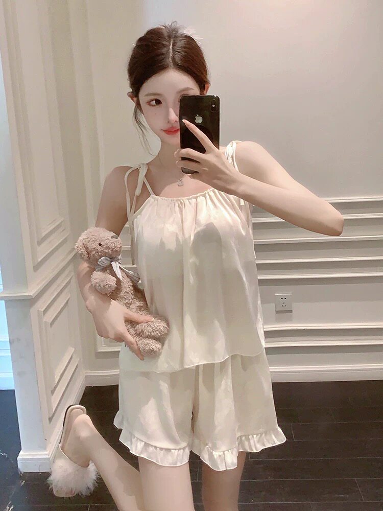 国风冰丝吊带短裤睡衣女夏季带胸垫2025新款家居服套装夏天纯欲风