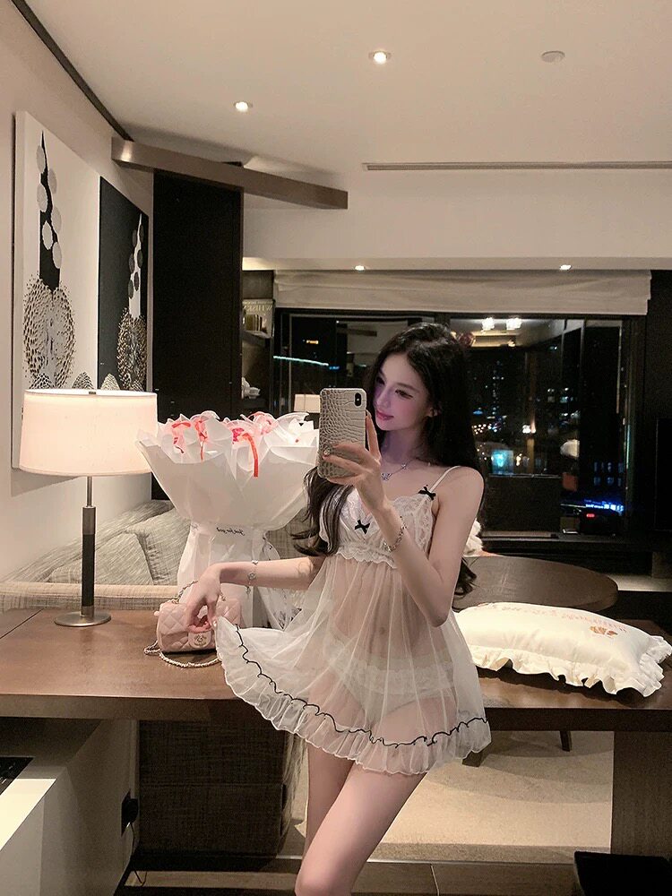 2025新款纯欲蕾丝吊带睡裙套装