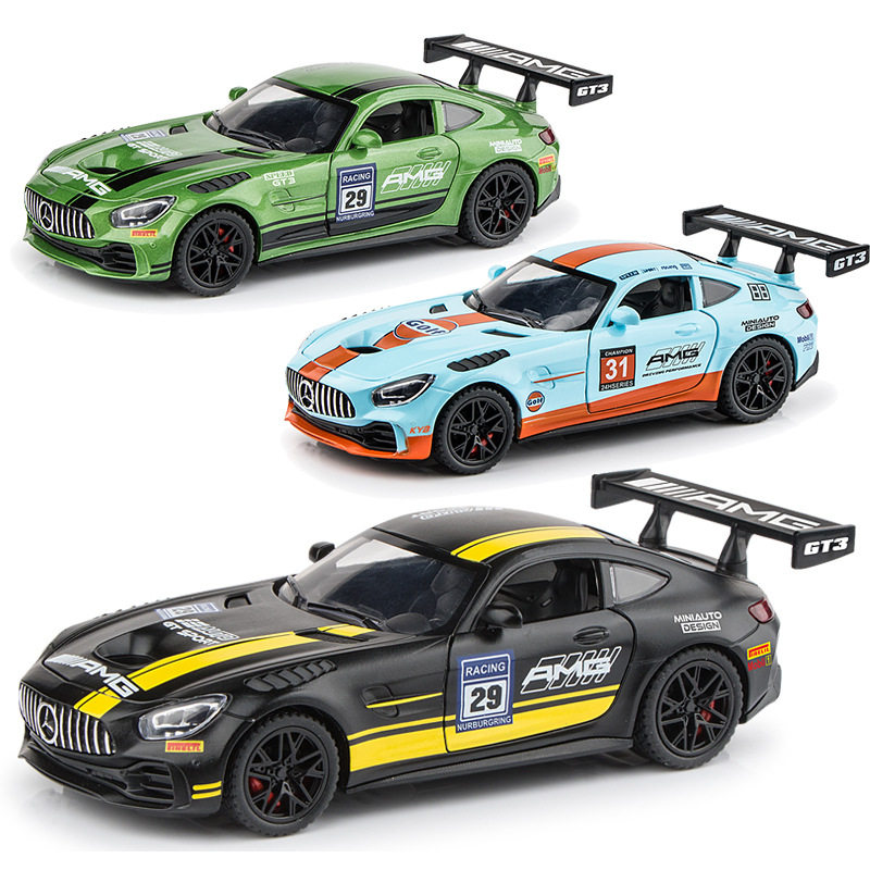 建元1/32本治AMG合金汽车模型绿魔回力声光玩具赛道版大尾翼跑车