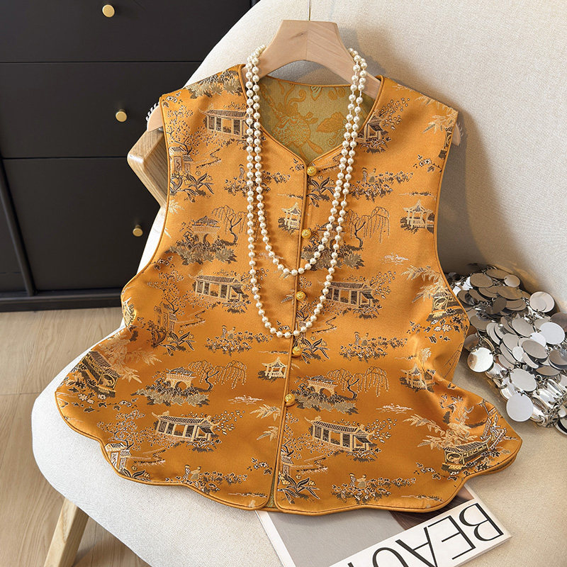 古风建筑新中式国风圆领短马甲正反双面穿气质缎面提花黄色背心女,女装/女士精品,马夹,淘宝优惠券,粉丝福利购,淘宝优惠卷