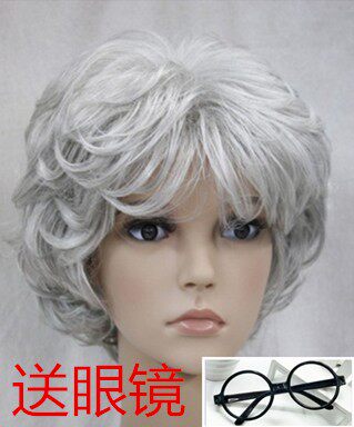 中老年花白假发 表演老奶奶老太婆 女 短卷发 道具假发 白色jiafa
