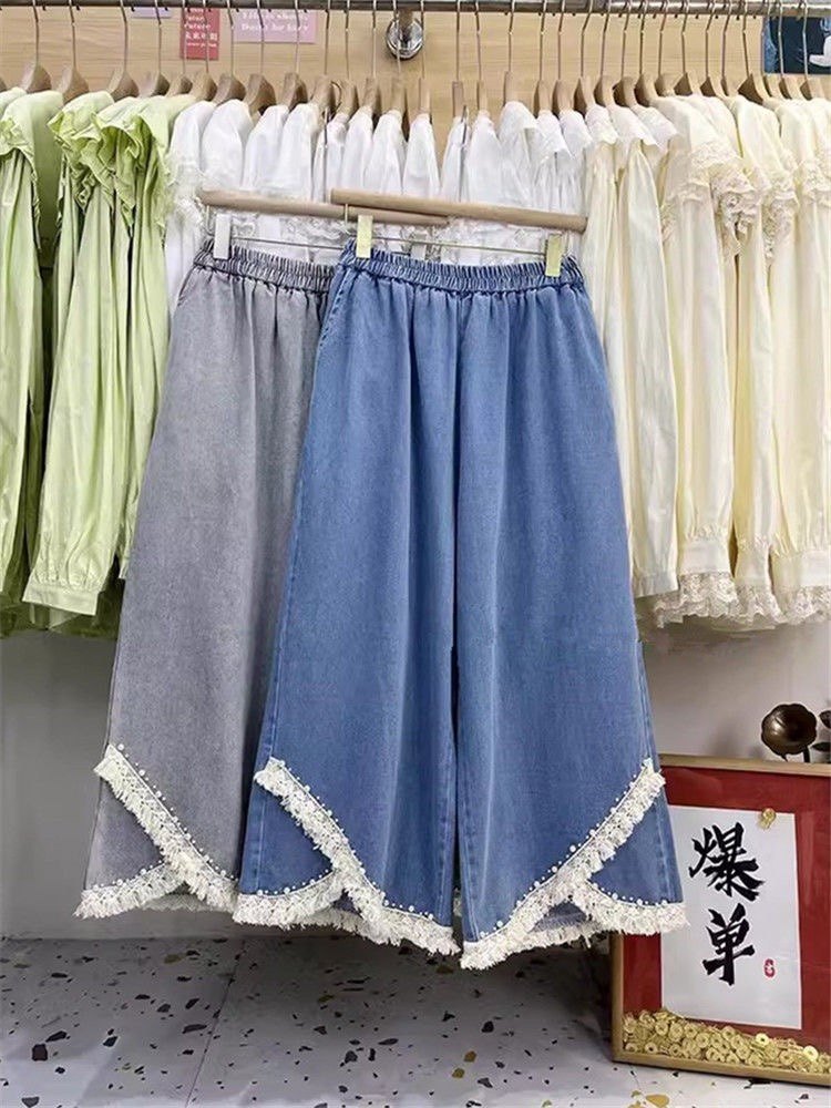 2-300斤大码流苏花边钉珠牛仔裤女夏胖mm宽松显瘦阔腿九分裤ins潮,女装/女士精品,大码裤装,淘宝优惠券,粉丝福利购,淘宝优惠卷
